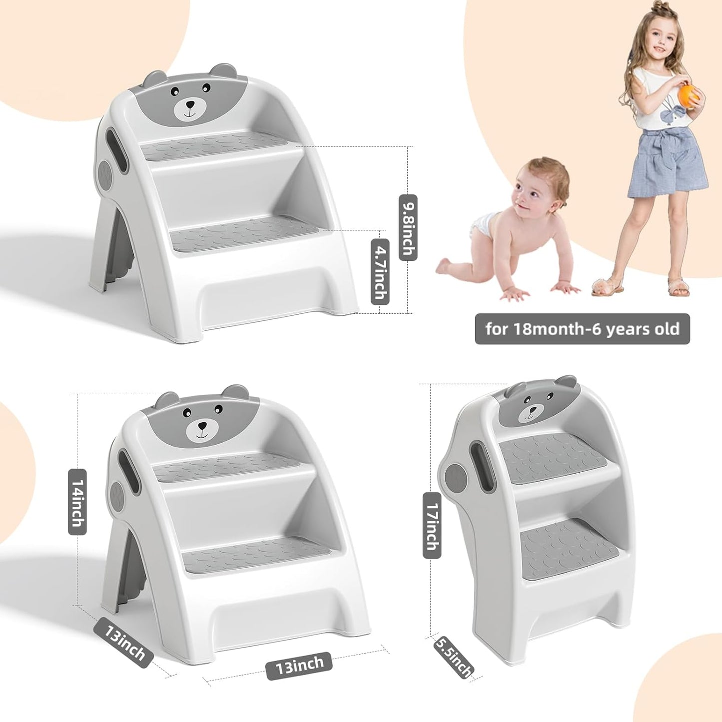 Tritthocker Kinder 2 Stufen, Faltbarer Kindertreppe, Kinderhocker ab 6 Monaten, Zweistufiger Trittleiter für Bad, Kleinkinderzimmer, Küche, Anti-Kipp und Anti-Rutsch, Grau