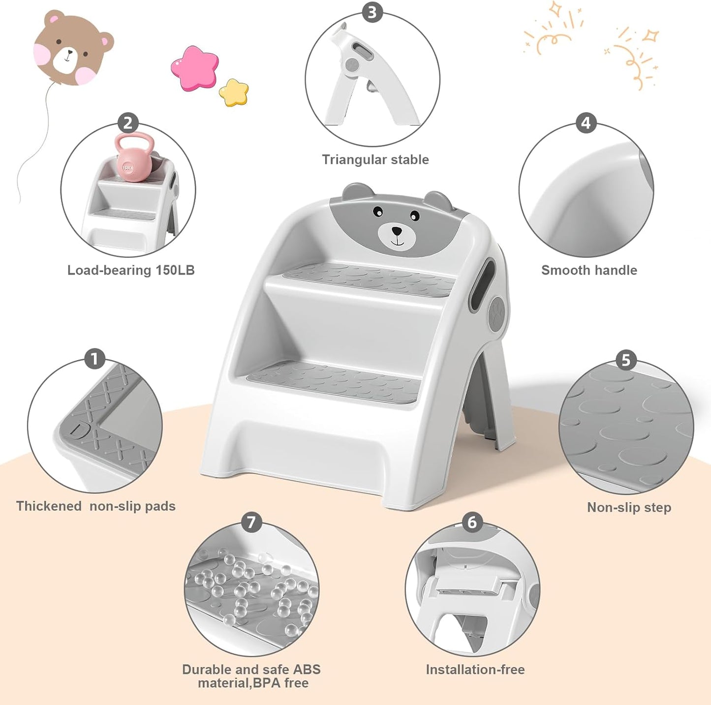 Tritthocker Kinder 2 Stufen, Faltbarer Kindertreppe, Kinderhocker ab 6 Monaten, Zweistufiger Trittleiter für Bad, Kleinkinderzimmer, Küche, Anti-Kipp und Anti-Rutsch, Grau