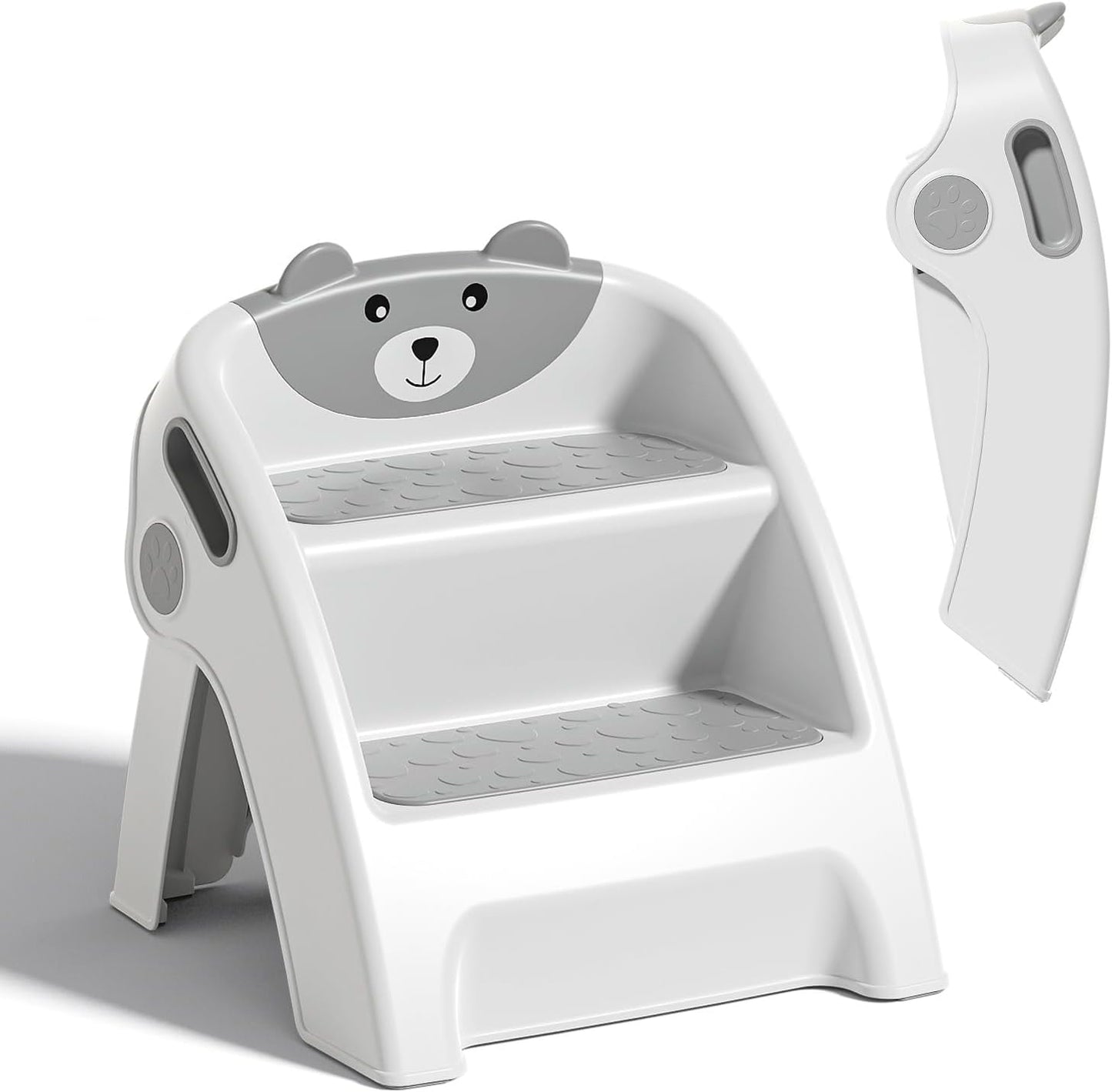 Tritthocker Kinder 2 Stufen, Faltbarer Kindertreppe, Kinderhocker ab 6 Monaten, Zweistufiger Trittleiter für Bad, Kleinkinderzimmer, Küche, Anti-Kipp und Anti-Rutsch, Grau