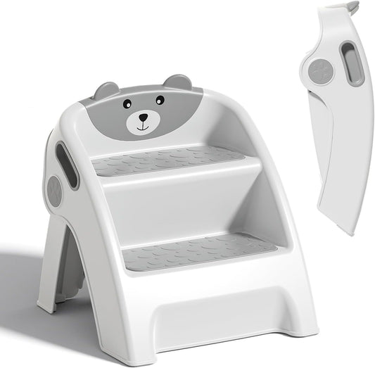 Tritthocker Kinder 2 Stufen, Faltbarer Kindertreppe, Kinderhocker ab 6 Monaten, Zweistufiger Trittleiter für Bad, Kleinkinderzimmer, Küche, Anti-Kipp und Anti-Rutsch, Grau