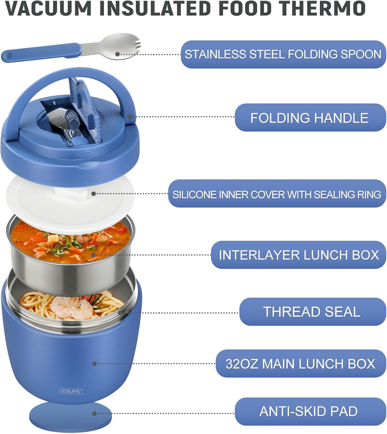 Thermobehälter für Essen 970ml, Thermoschüssel mit Deckel, Warmhaltebehälter aus Edelstahl mit Löffel, Thermoskanne Essen Auslaufsicher, Thermo Lunchbox für Suppen, Babybrei, Porridge