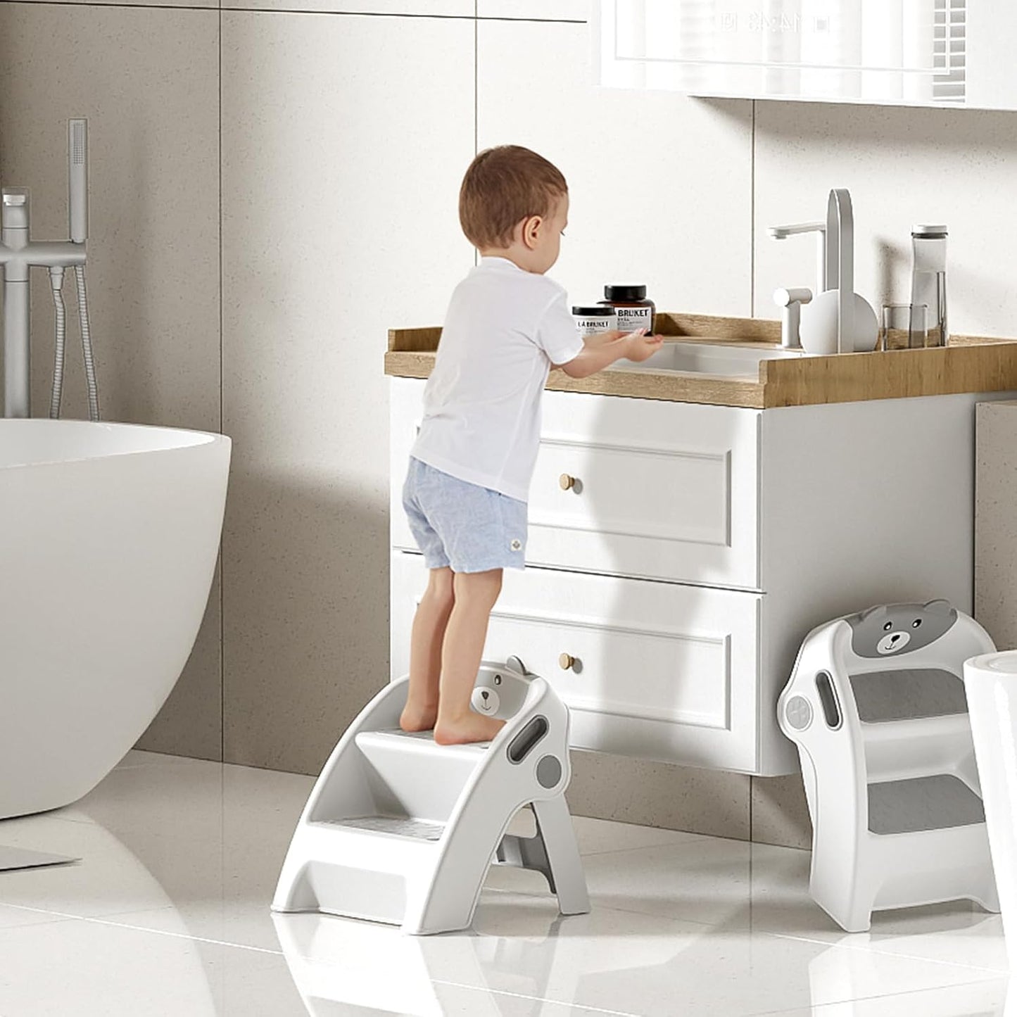 Tritthocker Kinder 2 Stufen, Faltbarer Kindertreppe, Kinderhocker ab 6 Monaten, Zweistufiger Trittleiter für Bad, Kleinkinderzimmer, Küche, Anti-Kipp und Anti-Rutsch, Grau
